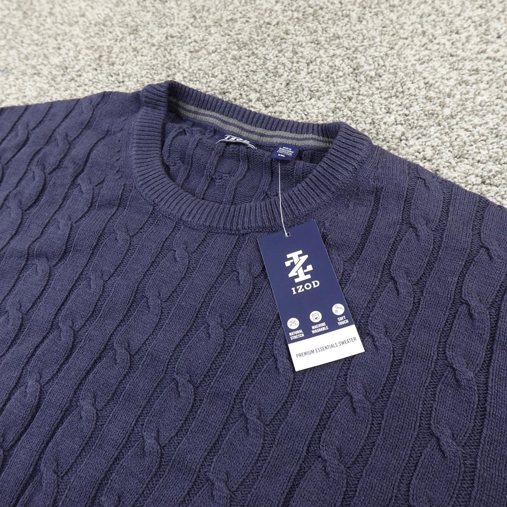 NEW IZOD Sweater Mens 2XL Blue Aran Cable Knit‎ Crewneck Pullover Fisherman Soft